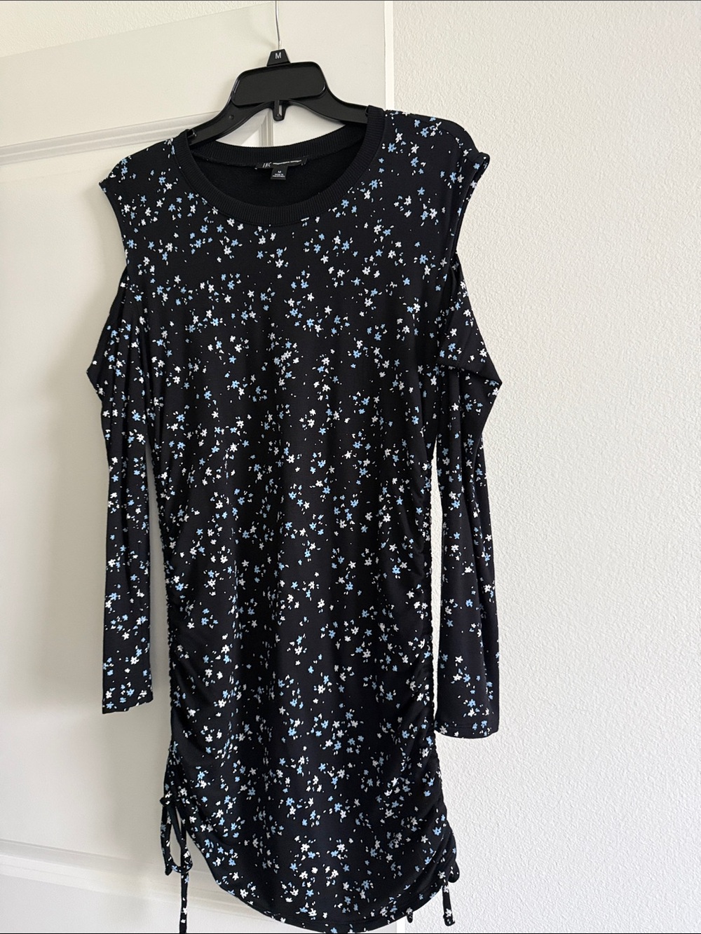 H&M Black Long-Sleeve Cold-Shoulder Dress with Light Blue Floral Print